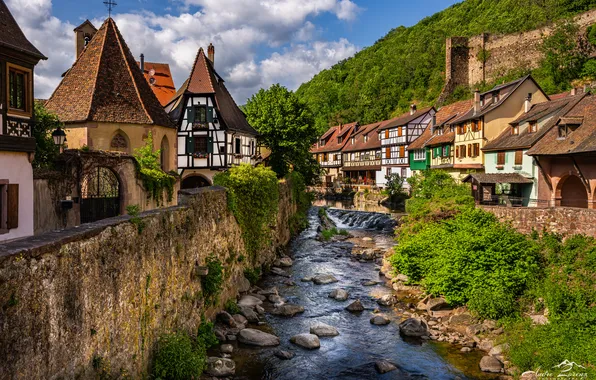 River, France, building, home, Kaysersberg, France, Kaysersberg, River Weiss