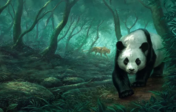 Forest, light, trees, tiger, fog, picture, bear, art