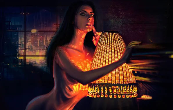Girl, Night, Lamp, Light, Girl, Fantasy, Erotic, Art