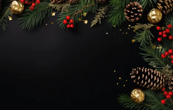 Balls, branches, berries, the dark background, fruit, Christmas, New year, black background