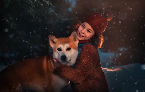 Snow, smile, dog, girl, friends, cap, Shiba inu, Oksana Pipkina