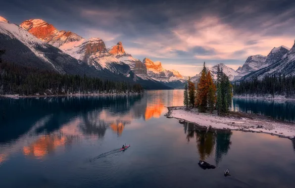 Picture mountains, lake, island, Canada, Albert, Alberta, Canada, Jasper National Park
