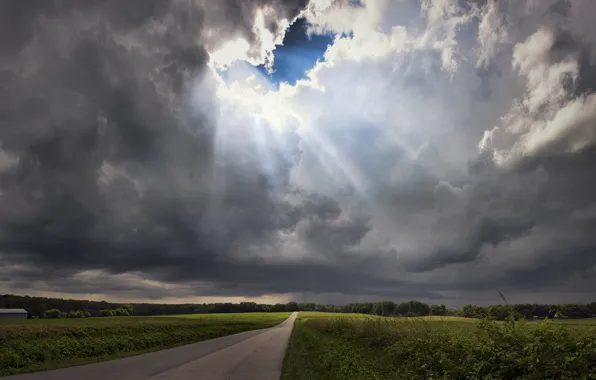 Road, the storm, field, the sky, grass, rays, trees, clouds