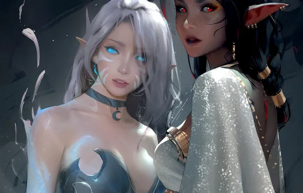 Fantasy, cleavage, girls, blue eyes, red eyes, brunette, elf, digital art