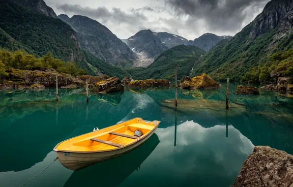 Picture landscape, mountains, nature, lake, boat, Alexander the Silent