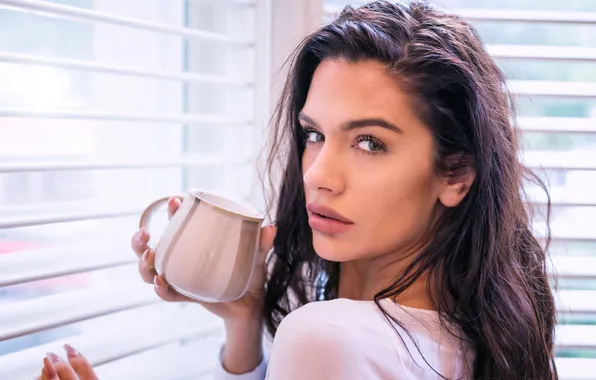 Look, model, hand, portrait, makeup, brunette, hairstyle, Cup