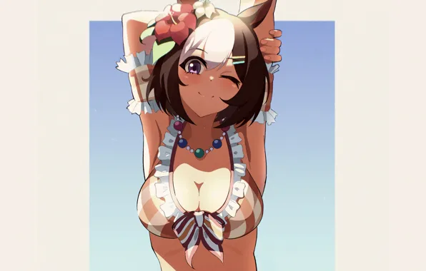 Girl, sexy, cleavage, brown hair, boobs, animal ears, anime, beautiful