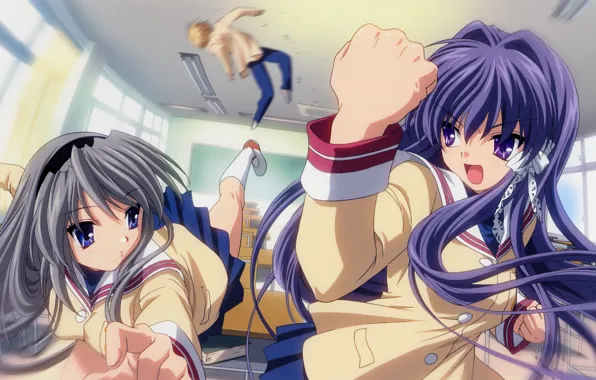 The ceiling, blow, class, clannad, school uniform, fist, friend, tomoyo sakagami