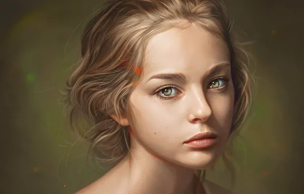 Picture face, sponge, neck, art, moles, brown hair, portrait of a girl, Loy Baldon