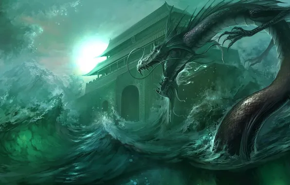 Picture sea, wave, storm, dragon, art, temple, Asian