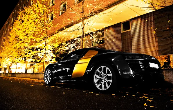 Trees, night, city, the city, lights, Audi R8, cars, auto