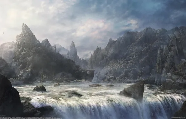 The sky, clouds, mountains, the city, river, rocks, waterfall, fantasy