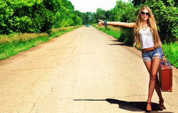 Road, girl, shorts, Mike, blonde, suitcase, bracelets, long-haired