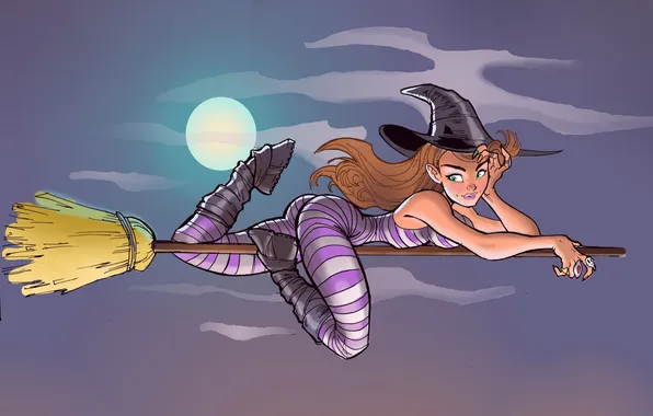 Ass, the sky, girl, night, hat, witch, broom, the full moon