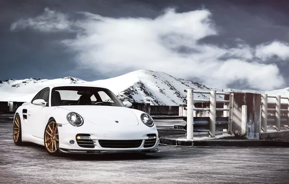 White, mountains, 911, 997, Porsche, white, Porsche, front