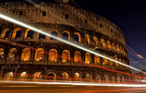 Road, night, the city, lights, excerpt, Rome, Colosseum, Italy