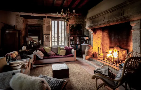 Picture design, interior, fireplace, living room, Gothic style, Gothic style