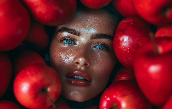 Look, girl, light, pose, apples, moisture, portrait, juice