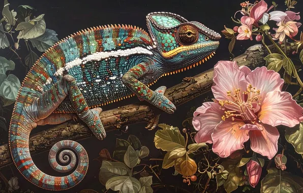 Flowers, chameleon, branch, black background, reptile, AI art, neural network