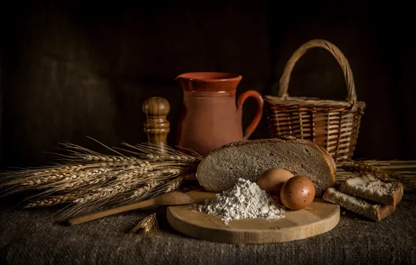Basket, eggs, bread, ears, cakes, flour