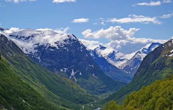 Greens, forest, the sky, clouds, snow, trees, mountains, river