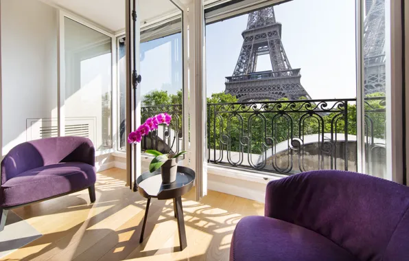 Picture room, interior, chair, Paris, France, living room, Posh Apartment in Paris, view of the Eiffel …