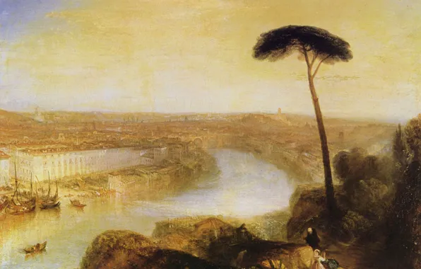 Trees, landscape, the city, river, home, picture, Rome, William Turner