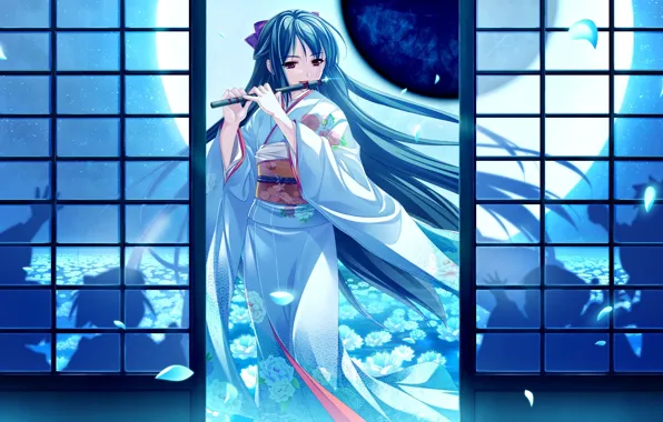 Picture night, petals, shadows, kimono, the full moon, flute, art, tsukumo no chickens