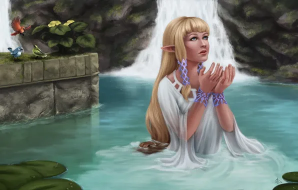 Girl, birds, lake, hands, art, waterfalls, The Legend of Zelda