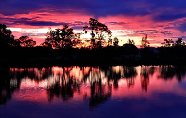 The sky, clouds, trees, lake, reflection, the evening, silhouette, glow