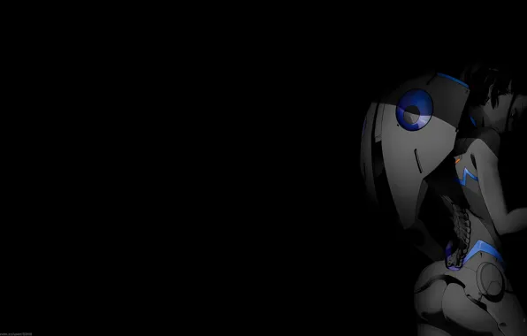 Girl, anime, shield, black background, mechanics, girl robot, back
