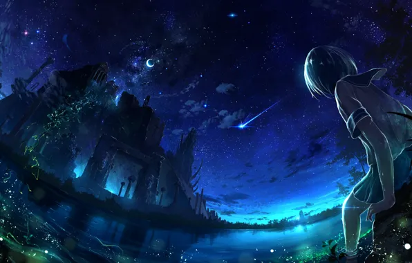 Girl, night, ruins, shooting star