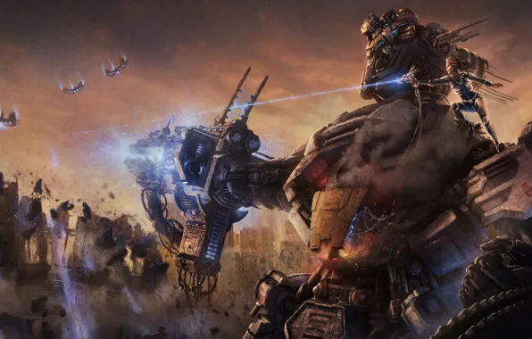 Girl, the city, fiction, war, robot, art, giant, ruins