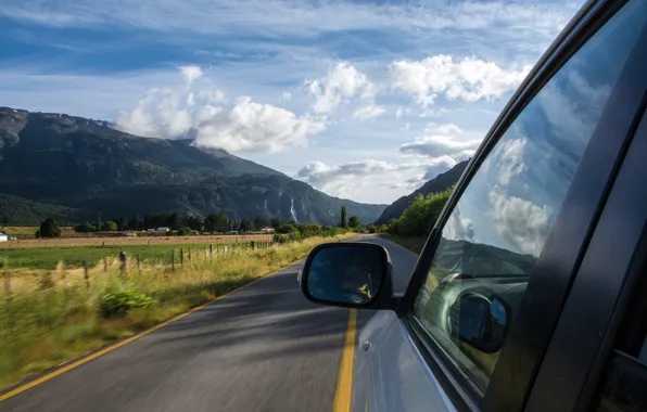 Road, machine, the sky, clouds, mountains, mirror, riding