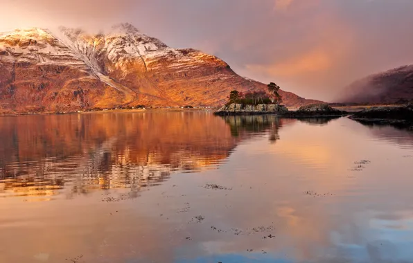 Picture clouds, mountains, fog, lake, reflection, the evening