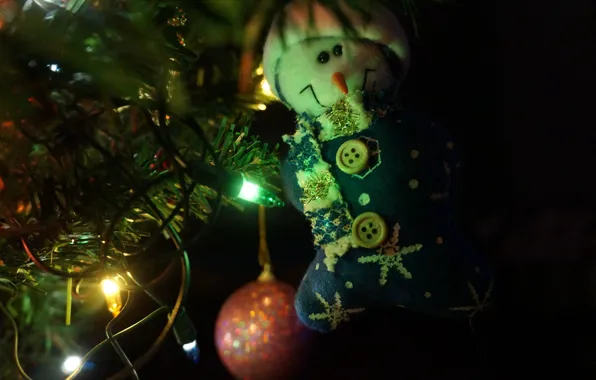 Macro, Light bulb, New year, Tree, Toys, The snowman
