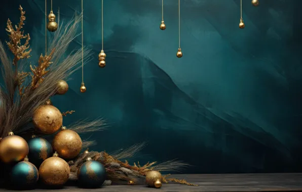 Balls, green, Christmas, New year, green background, gold, side, Christmas decorations