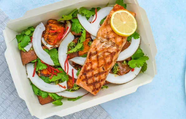 Greens, lemon, coconut, fish, parsley, salmon, steak