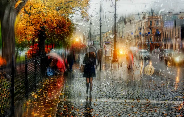 Girl, drops, umbrella, Saint Petersburg, Autumn rain