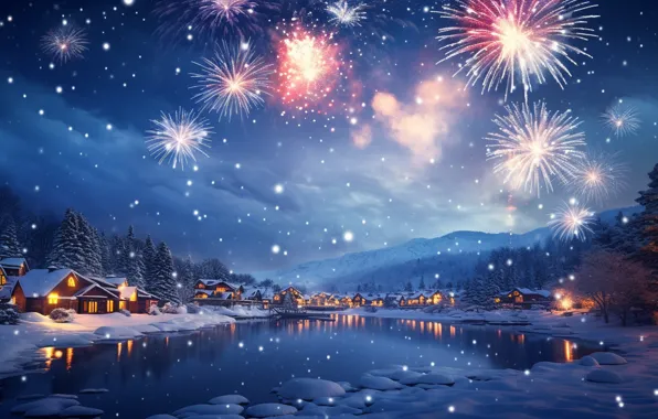 Picture winter, snow, night, lights, salute, New Year, village, Christmas