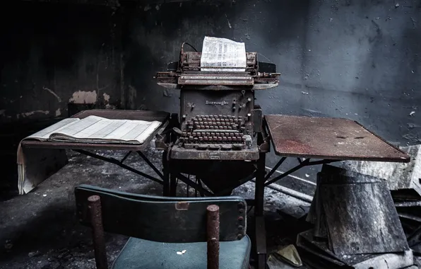 Dark, Abandoned, typewriter