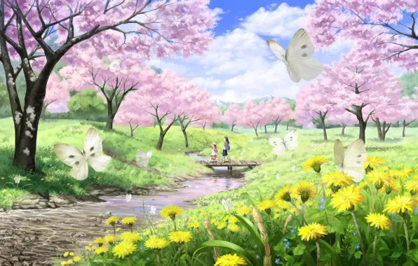 Butterfly, landscape, bridge, river, stream, girls, spring, Sakura