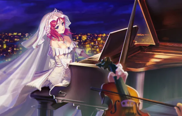Picture girl, night, the city, lights, violin, anime, piano, art