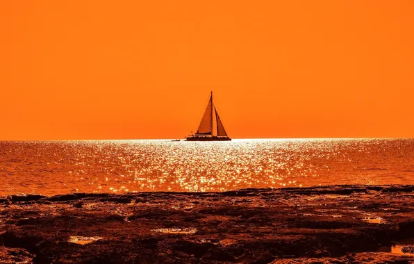 Sunset, people, shore, sailboat, dal, the evening, glow, walk
