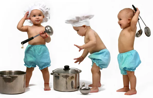 Children, pan, pants, cap, ladle, cooks