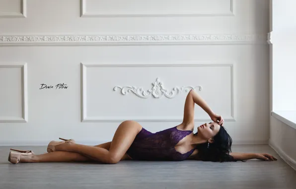 Swimsuit, chest, girl, pose, lilac, interior, earrings, figure