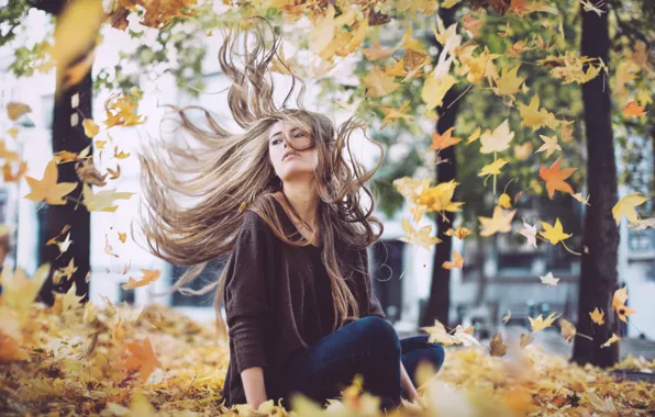 Picture autumn, girl, the wind, foliage