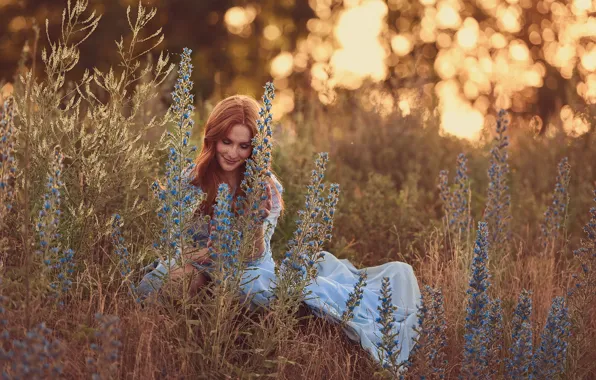 Picture flowers, freckles, red, smile, girl, mood, meadow, redhead, grass