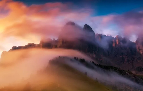 Picture clouds, light, mountains, fog, paint, morning, Alps