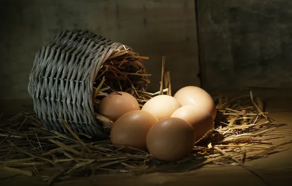 Light, the dark background, Board, eggs, straw, basket, chicken